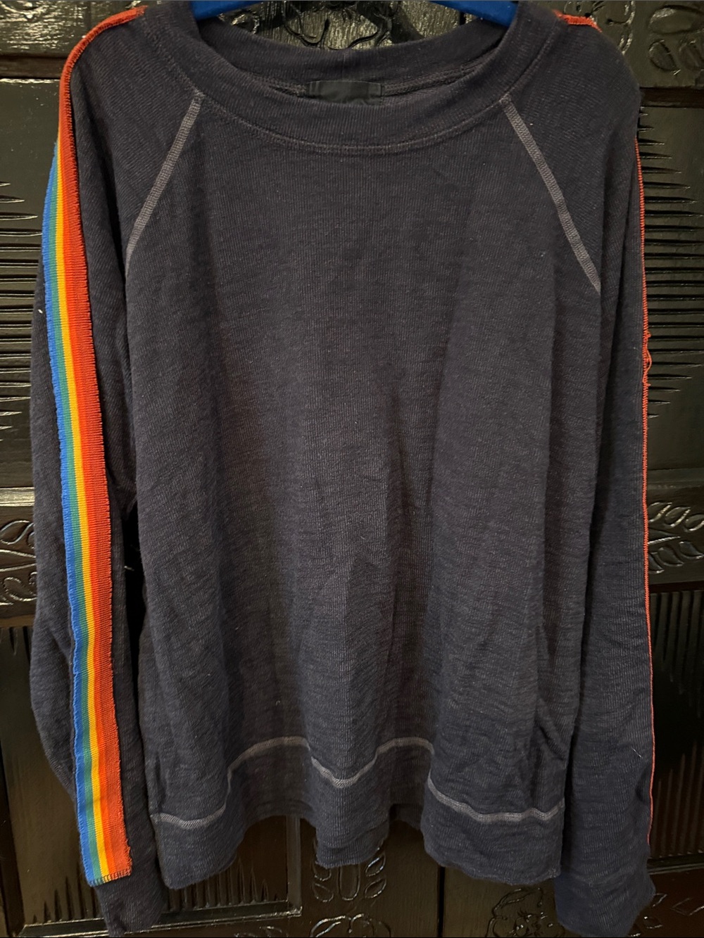 Monrow Navy Sweatshirt with Rainbow Sleeve Stripe Detail
